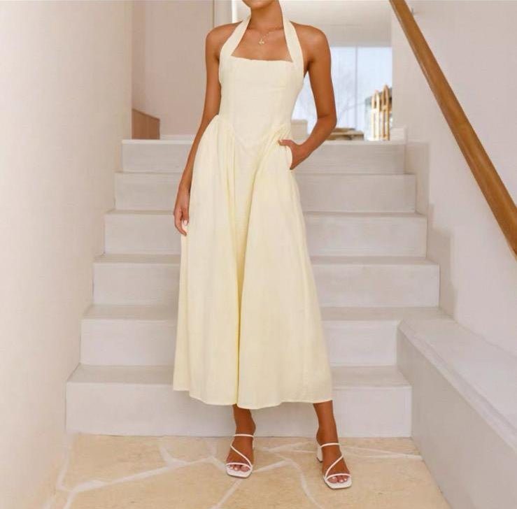 Powder Linen Halter Midi Dress - Giovanni Battaglia