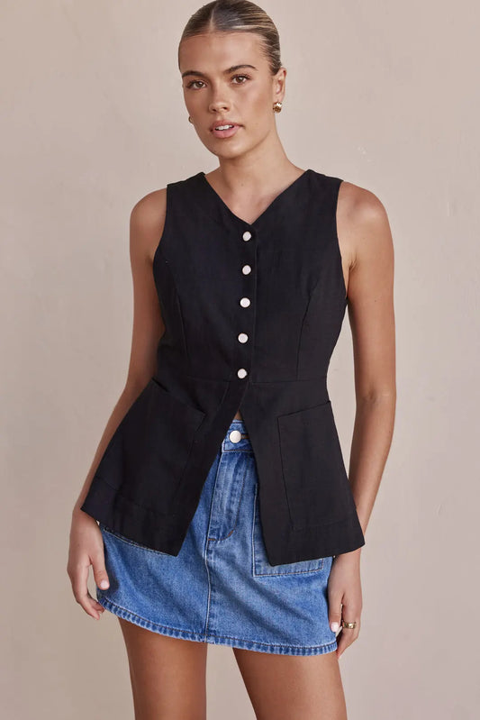 Black Linen Vest with Pockets Breathe by November 28