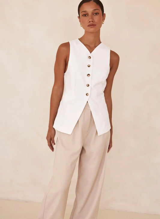 White Organic Linen V-Neck Vest Breathe by November 28