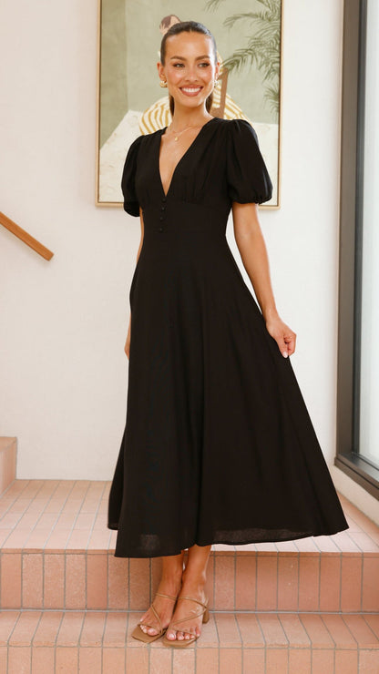 Black Linen Puff Sleeve Maxi Dress Breathe by November 28