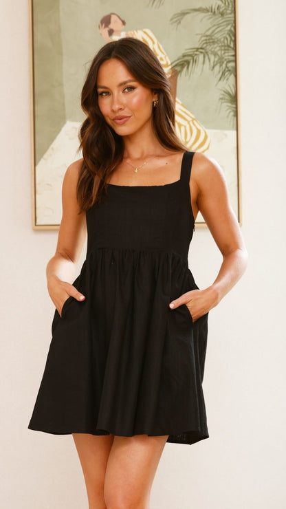 Black Linen Smocked Mini Dress Breathe by November 28