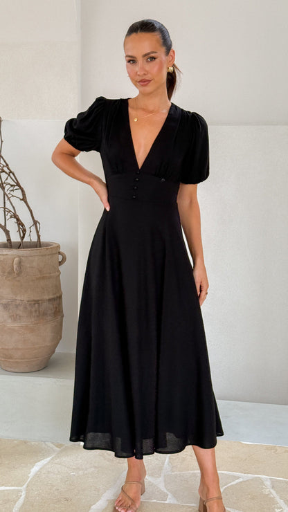 Black Linen Puff Sleeve Maxi Dress Breathe by November 28