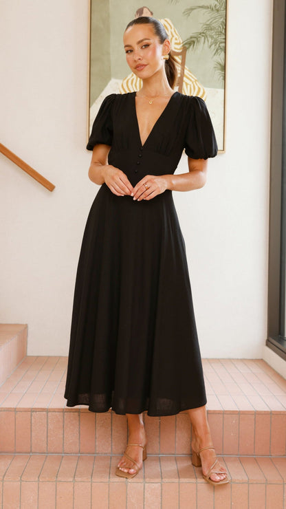 Black Linen Puff Sleeve Maxi Dress Breathe by November 28