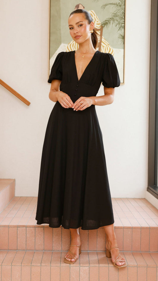 Black Linen Puff Sleeve Maxi Dress Breathe by November 28