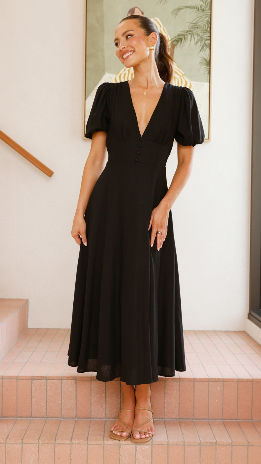 Black Linen Puff Sleeve Maxi Dress Breathe by November 28