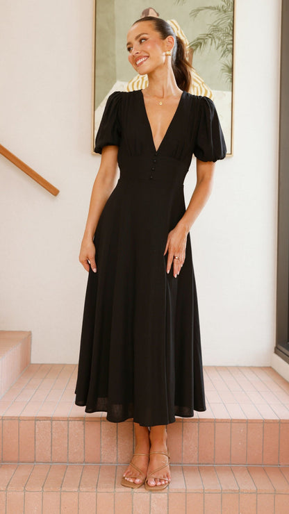 Black Linen Puff Sleeve Maxi Dress Breathe by November 28