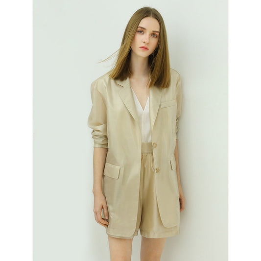 Beige Single-Breasted Long Blazer Cocobella