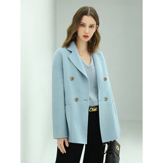 Powder Blue Double-Breasted Wool Coat Cocobella