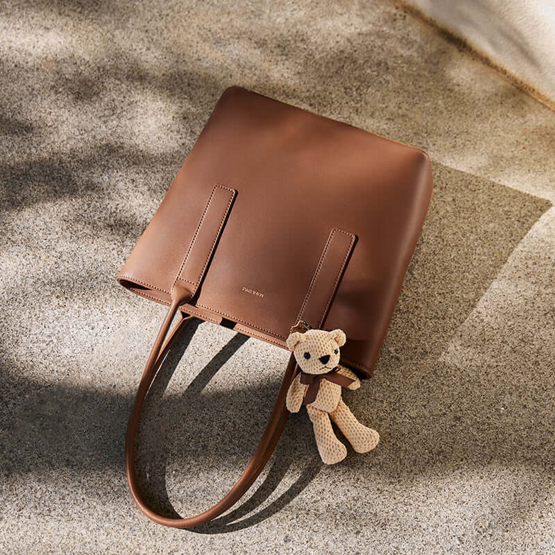 Teddy Bear Charm Brown Shoulder Tote Bag Nalandu